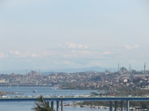 Im Hintergrund sind die Hagia Sophia (links) und die blaue Moschee (rechts) zu erkennen